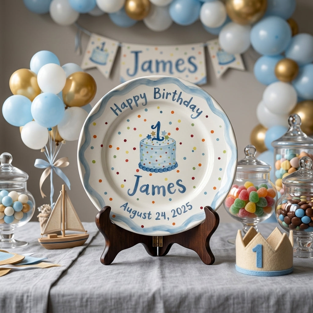 Personalized Boy's Ceramic Birthday Plate - Custom Name & Hand-Painted Keepsake - BCP05