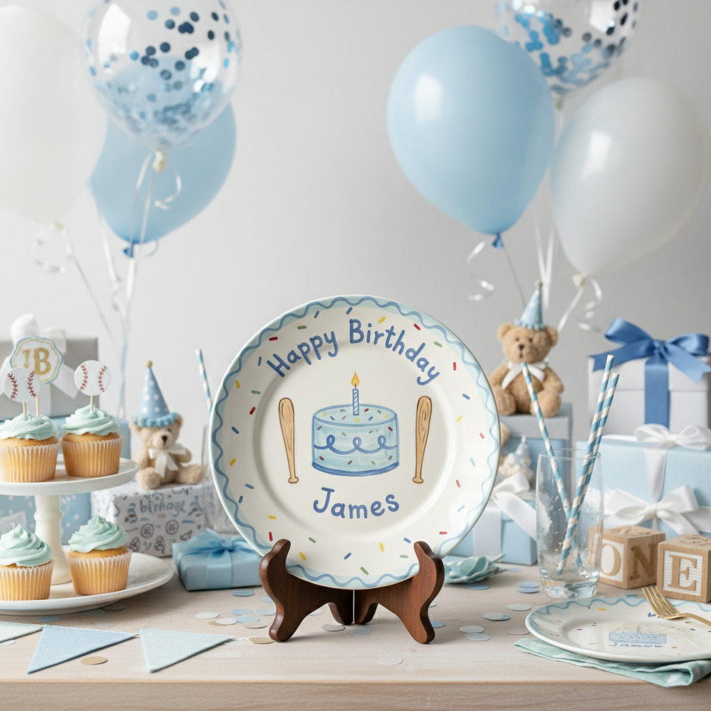 Personalized Boy's Ceramic Birthday Plate - Custom Name & Hand-Painted Keepsake - BCP50