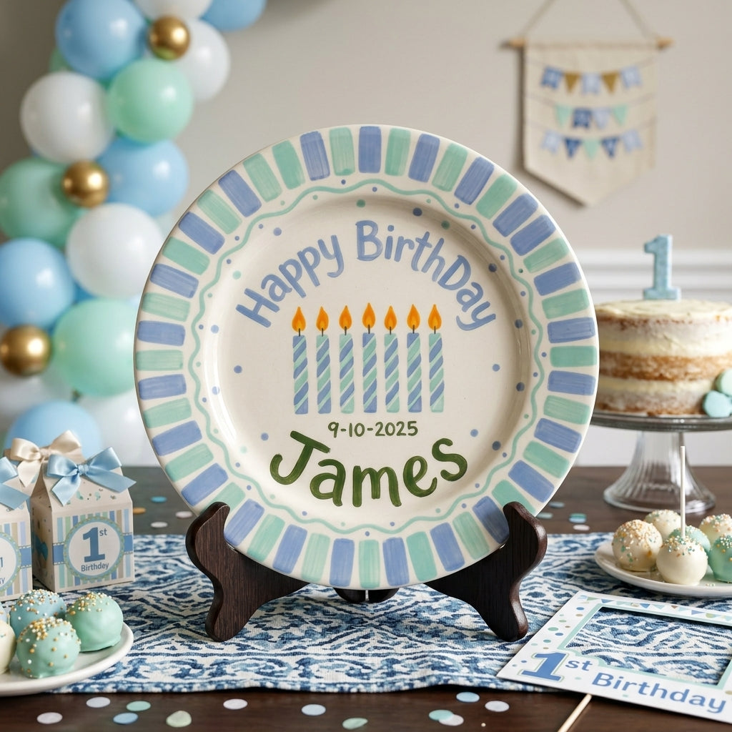 Personalized Boy's Ceramic Birthday Plate - Custom Name & Hand-Painted Keepsake - BCP22