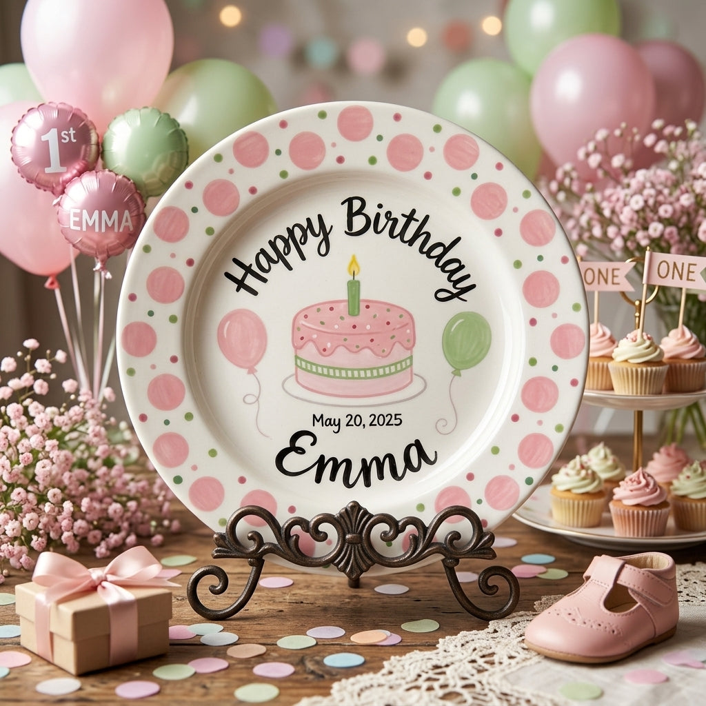 Personalized Girl's Ceramic Birthday Plate - Custom Name & Hand-Painted Floral Keepsake- BCP14