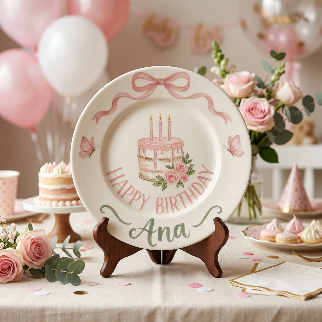 Personalized Girl's Ceramic Birthday Plate - Custom Name & Hand-Painted Floral Keepsake- BCP31