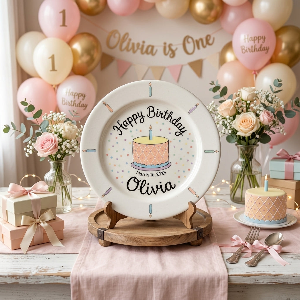 Personalized Girl's Ceramic Birthday Plate - Custom Name & Hand-Painted Floral Keepsake- BCP25