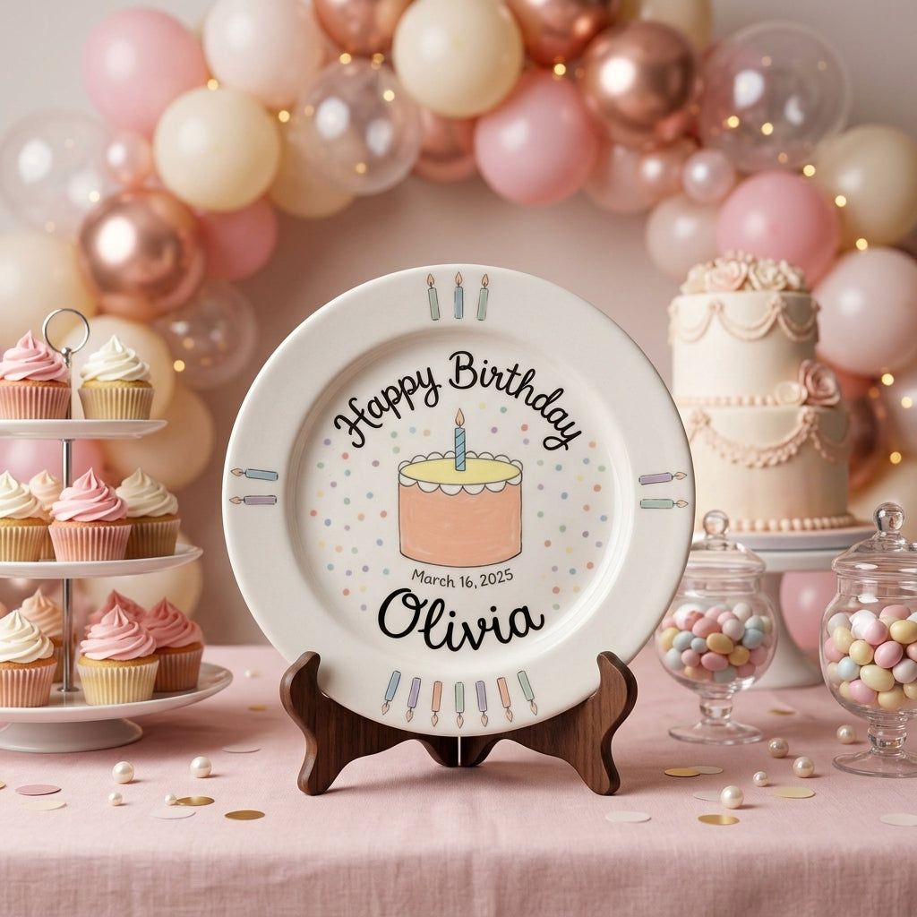 Personalized Girl's Ceramic Birthday Plate - Custom Name & Hand-Painted Floral Keepsake- BCP36