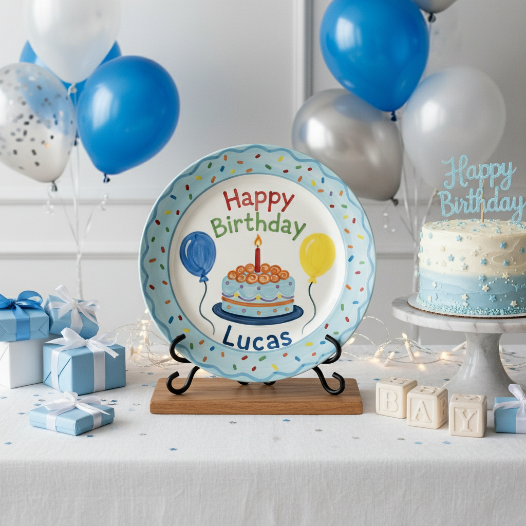 Personalized Boy's Ceramic Birthday Plate - Custom Name & Hand-Painted Keepsake - BCP107