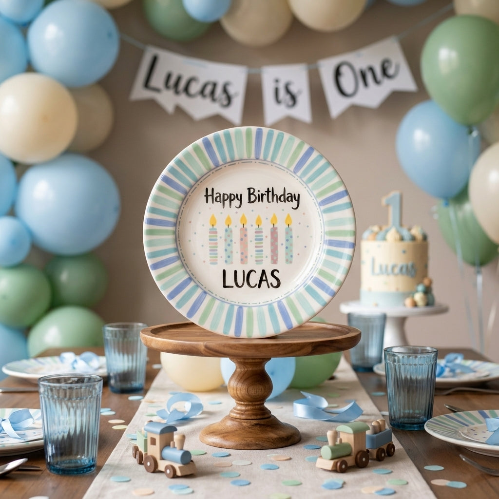 Personalized Boy's Ceramic Birthday Plate - Custom Name & Hand-Painted Keepsake - BCP16