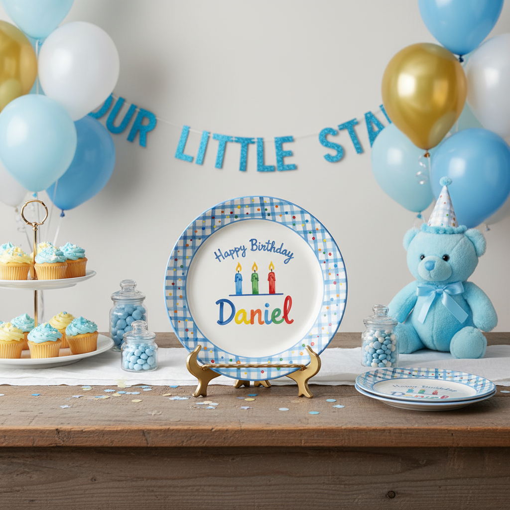 Personalized Boy's Ceramic Birthday Plate - Custom Name & Hand-Painted Keepsake - BCP110