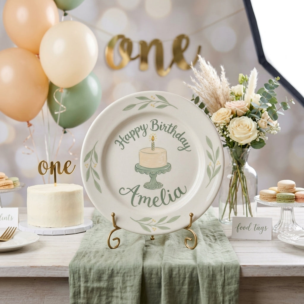 Personalized Girl's Ceramic Birthday Plate - Custom Name & Hand-Painted Floral Keepsake- BCP29