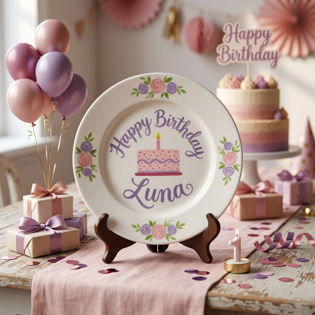 Personalized Girl's Ceramic Birthday Plate - Custom Name & Hand-Painted Floral Keepsake- BCP28