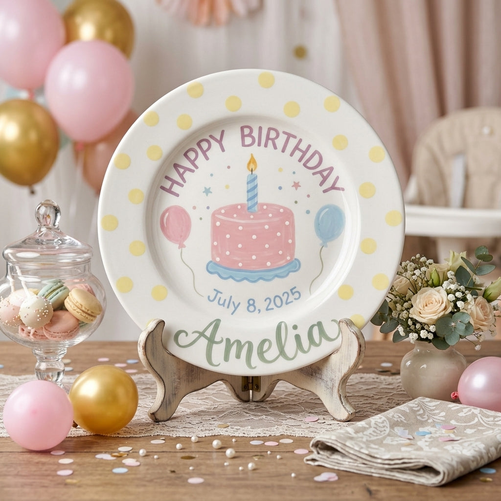 Personalized Girl's Ceramic Birthday Plate - Custom Name & Hand-Painted Floral Keepsake- BCP30