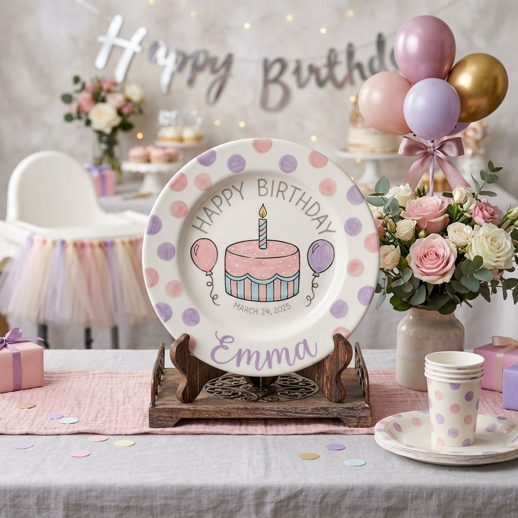 Personalized Girl's Ceramic Birthday Plate - Custom Name & Hand-Painted Floral Keepsake- BCP33