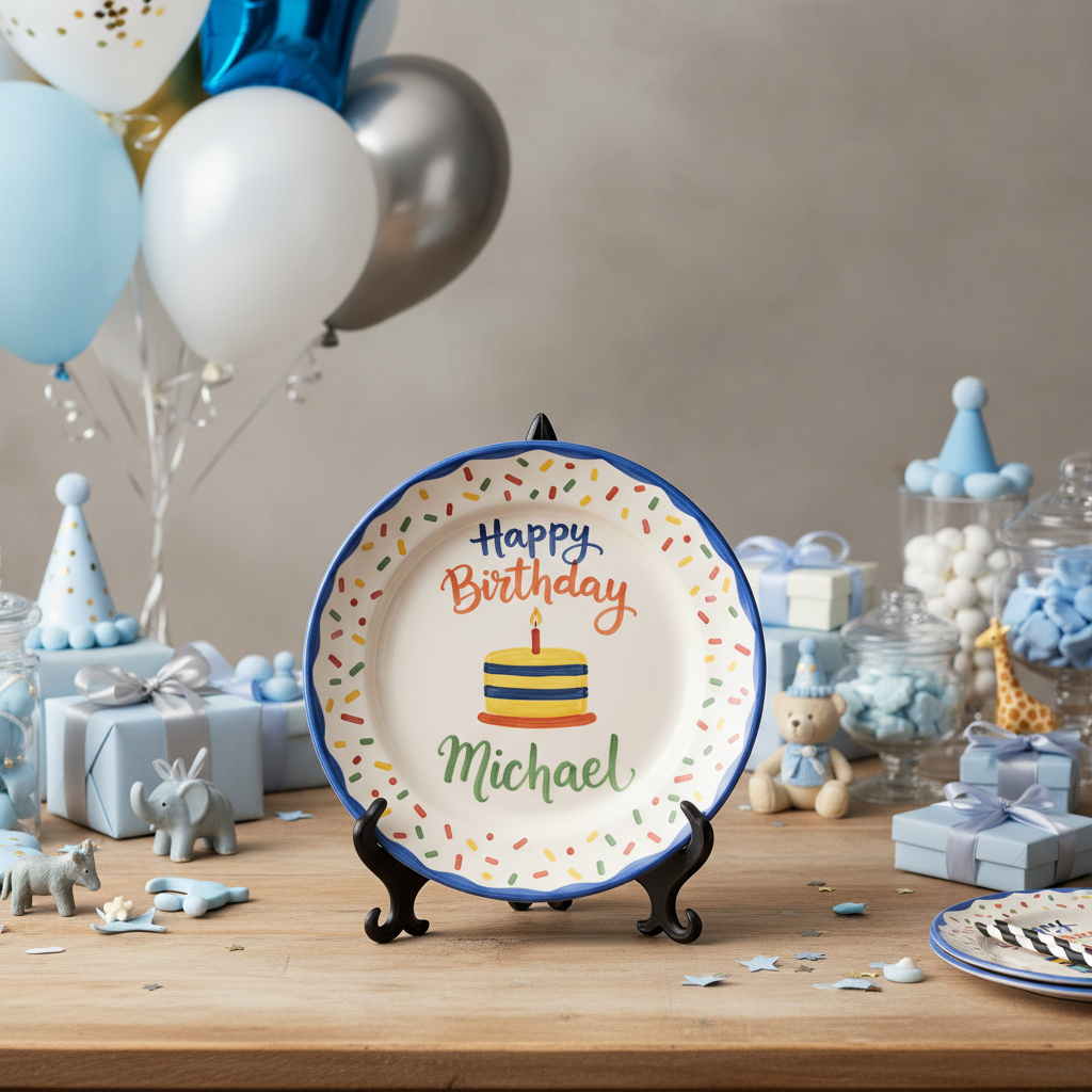 Personalized Boy's Ceramic Birthday Plate - Custom Name & Hand-Painted Keepsake - BCP106