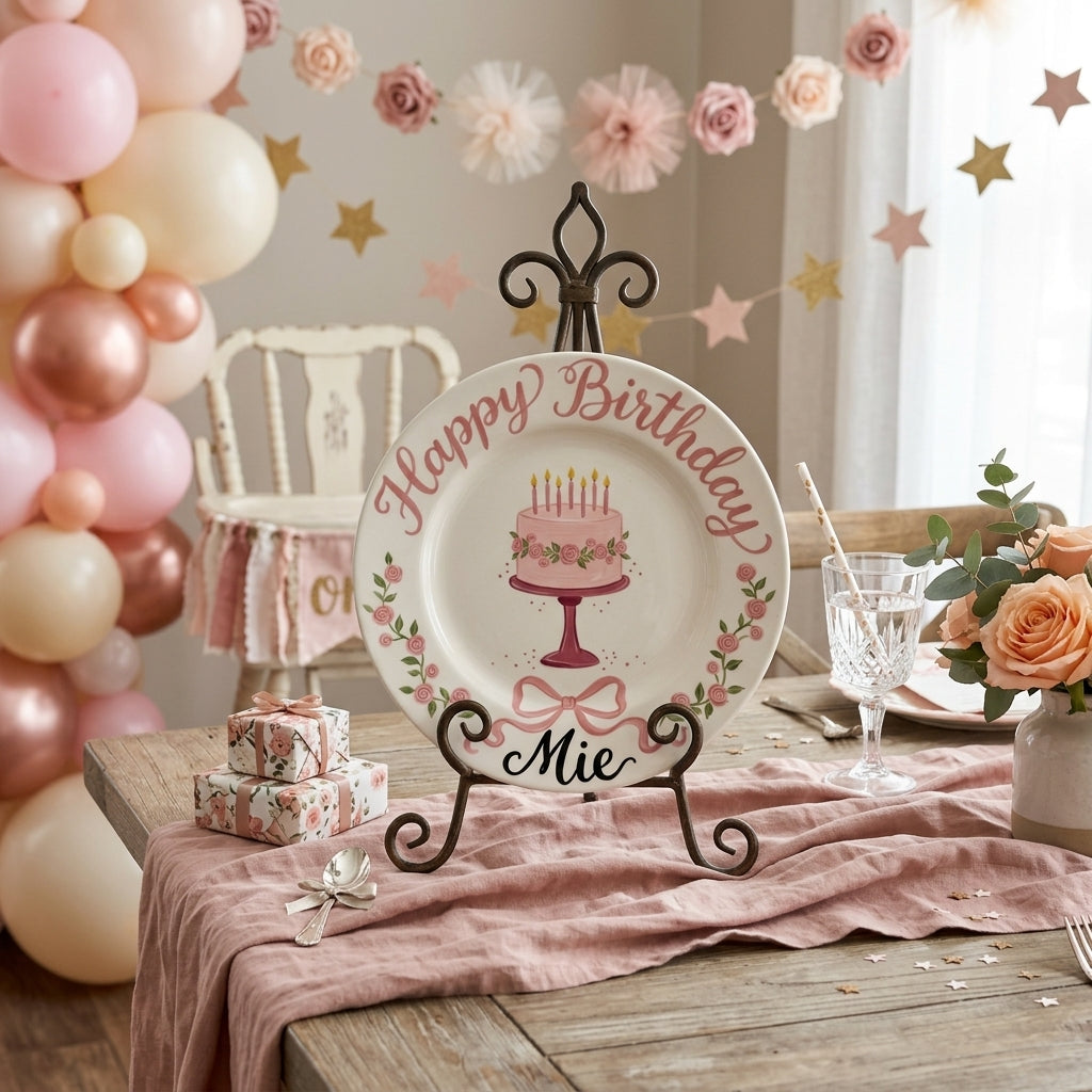 Personalized Girl's Ceramic Birthday Plate - Custom Name & Hand-Painted Floral Keepsake- BCP26