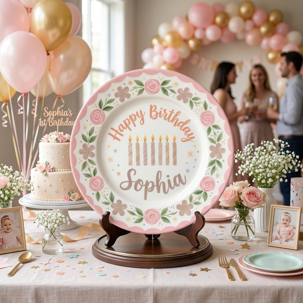 Personalized Girl's Ceramic Birthday Plate - Custom Name & Hand-Painted Floral Keepsake- BCP21