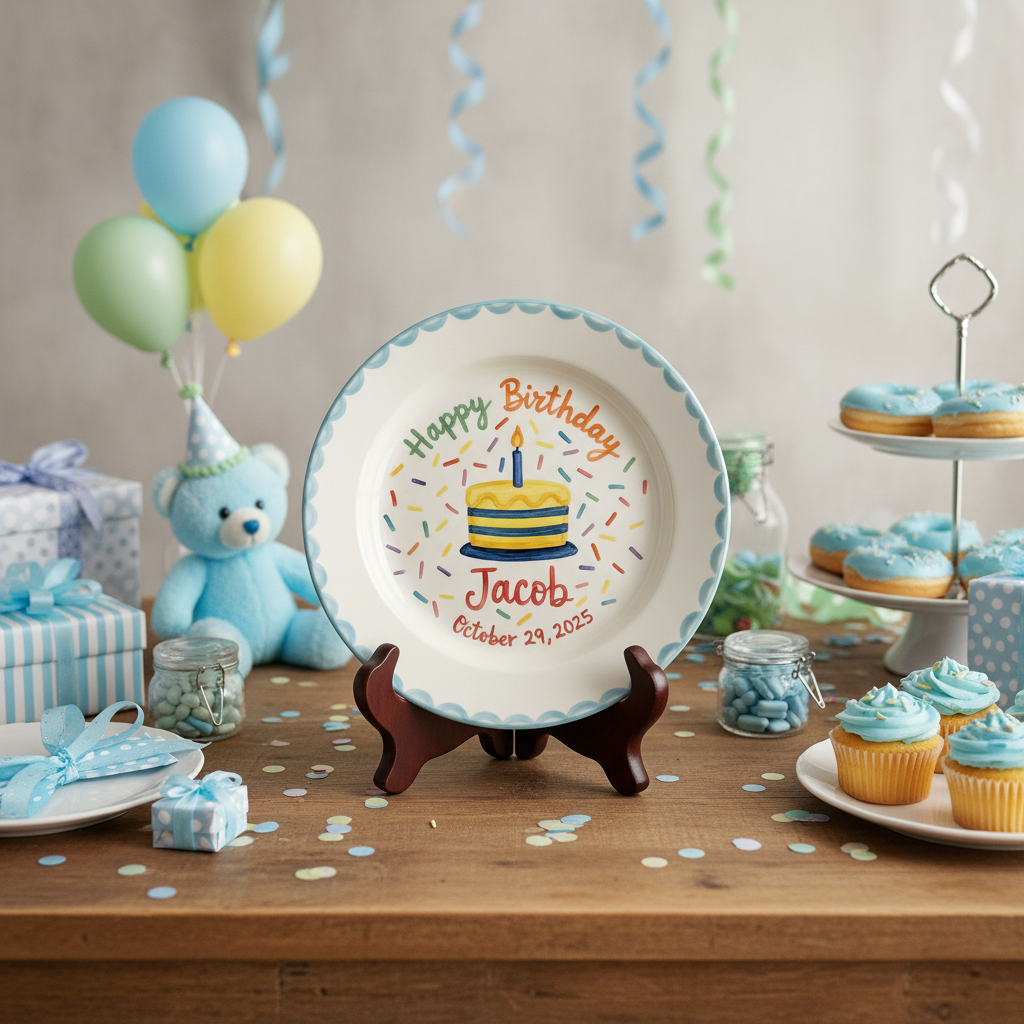 Personalized Boy's Ceramic Birthday Plate - Custom Name & Hand-Painted Keepsake - BCP62