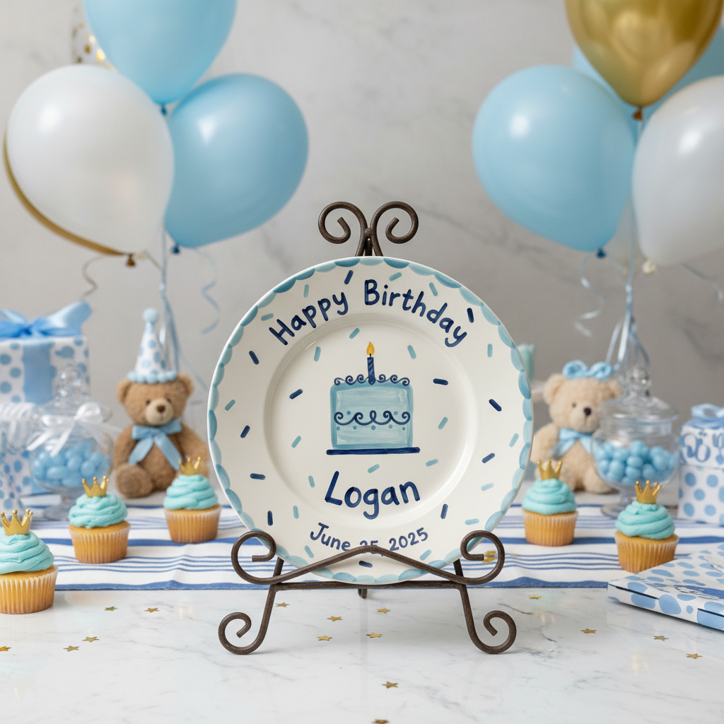 Personalized Boy's Ceramic Birthday Plate - Custom Name & Hand-Painted Keepsake - BCP54