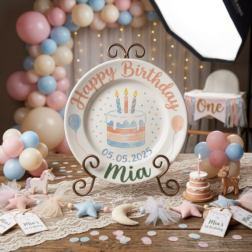 Personalized Girl's Ceramic Birthday Plate - Custom Name & Hand-Painted Floral Keepsake- BCP34