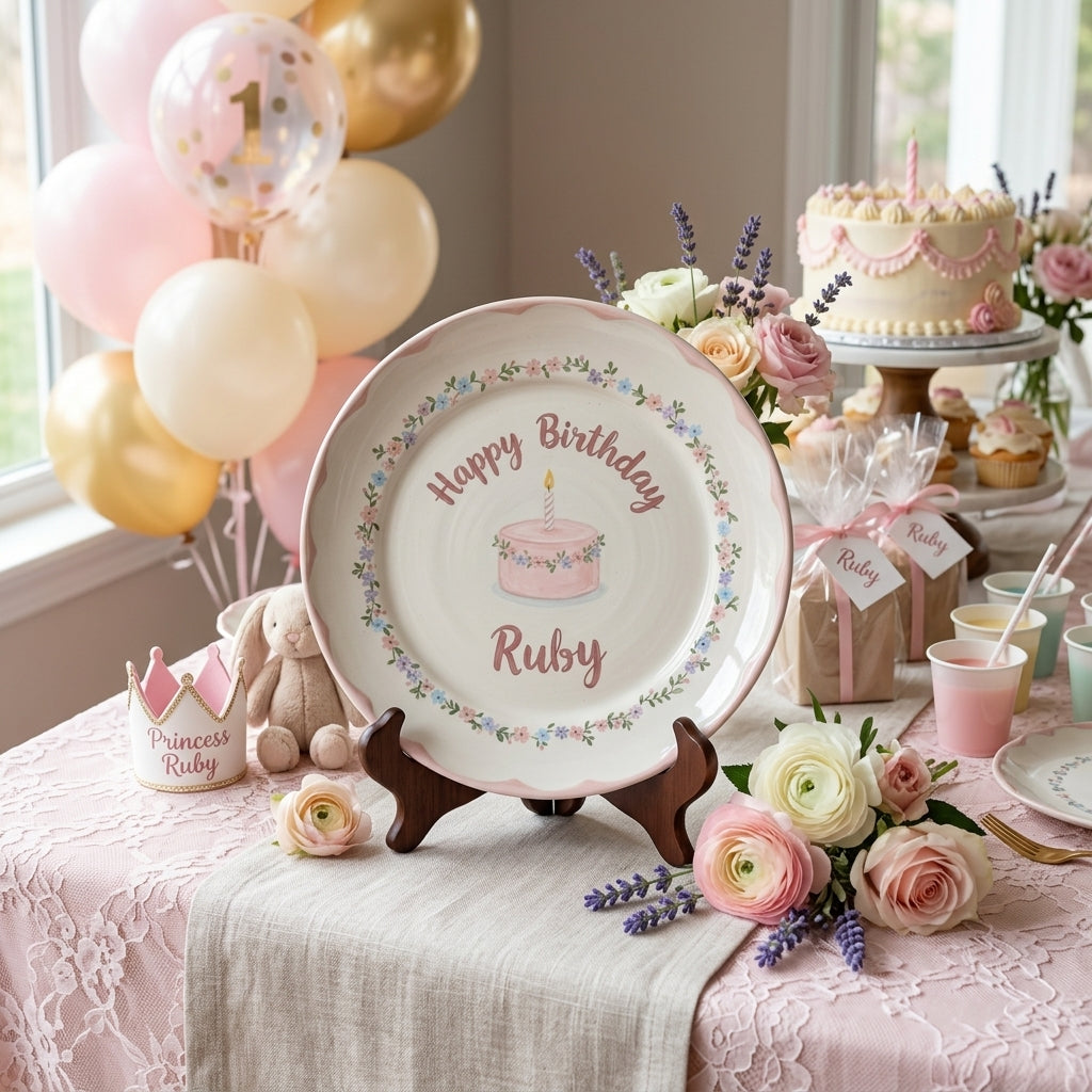 Personalized Girl's Ceramic Birthday Plate - Custom Name & Hand-Painted Floral Keepsake- BCP44