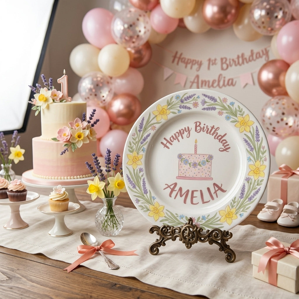 Personalized Girl's Ceramic Birthday Plate - Custom Name & Hand-Painted Floral Keepsake- BCP18