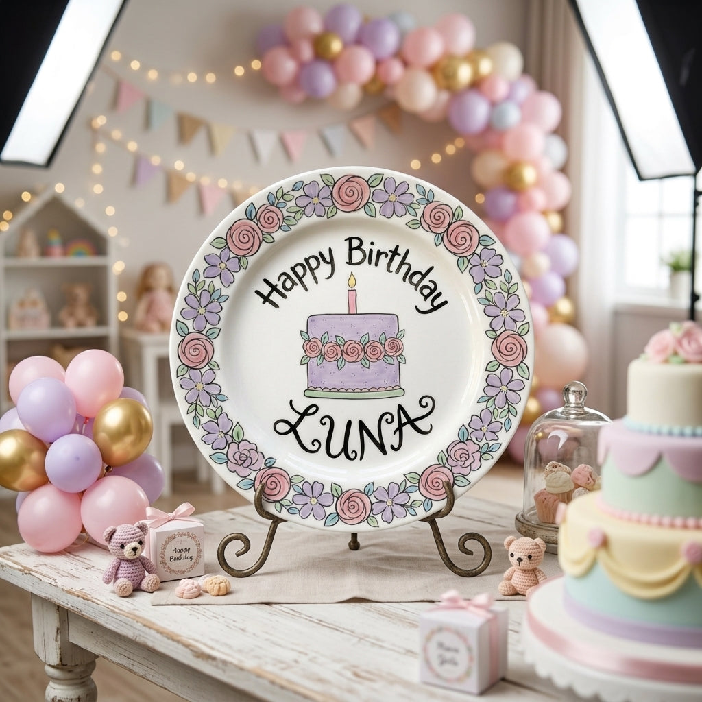 Personalized Girl's Ceramic Birthday Plate - Custom Name & Hand-Painted Floral Keepsake- BCP17