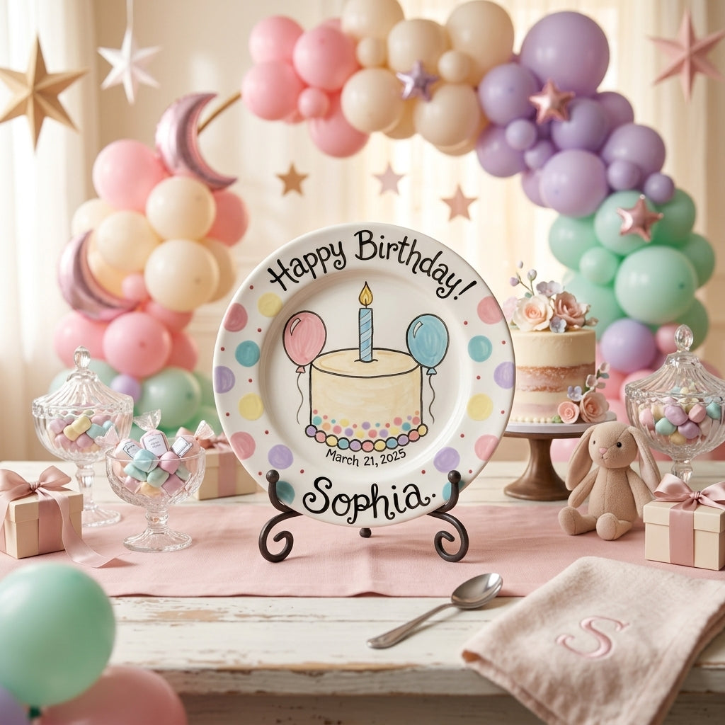 Personalized Girl's Ceramic Birthday Plate - Custom Name & Hand-Painted Floral Keepsake- BCP32