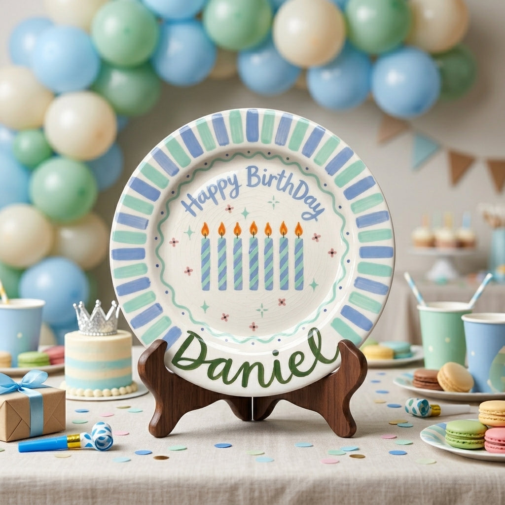 Personalized Boy's Ceramic Birthday Plate - Custom Name & Hand-Painted Keepsake - BCP24