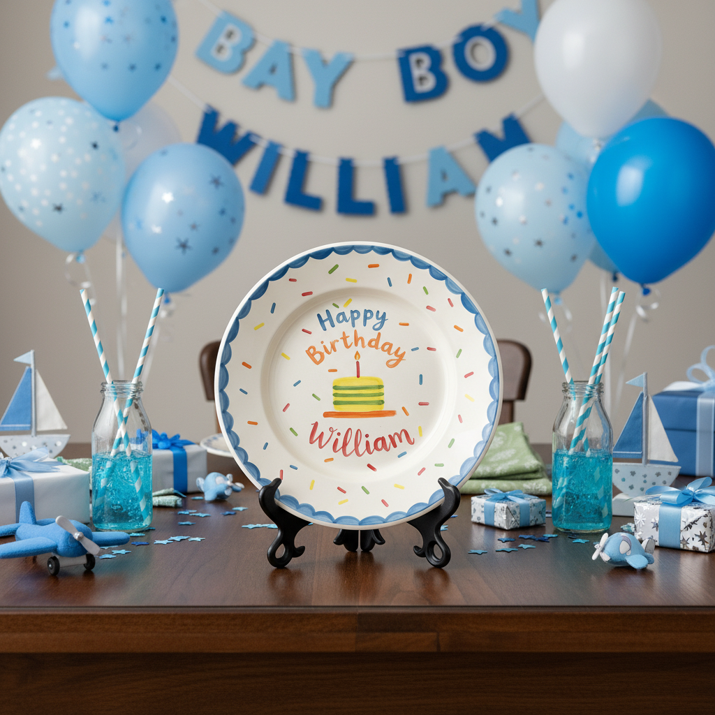Personalized Boy's Ceramic Birthday Plate - Custom Name & Hand-Painted Keepsake - BCP53