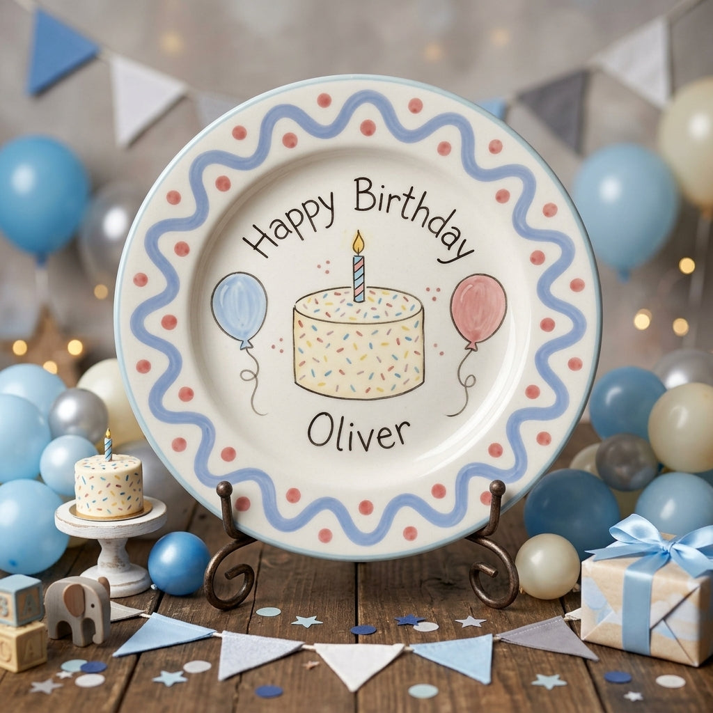 Personalized Boy's Ceramic Birthday Plate - Custom Name & Hand-Painted Keepsake - BCP20