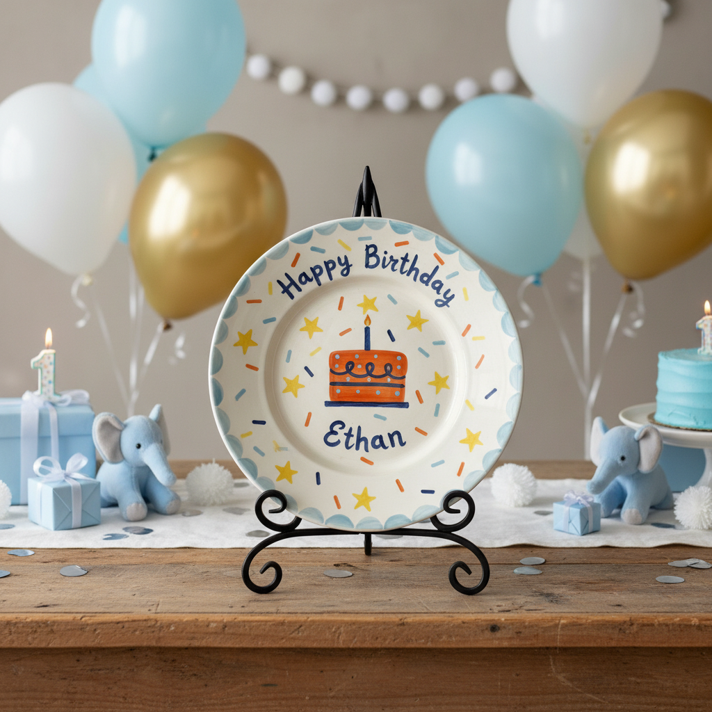 Personalized Boy's Ceramic Birthday Plate - Custom Name & Hand-Painted Keepsake - BCP58
