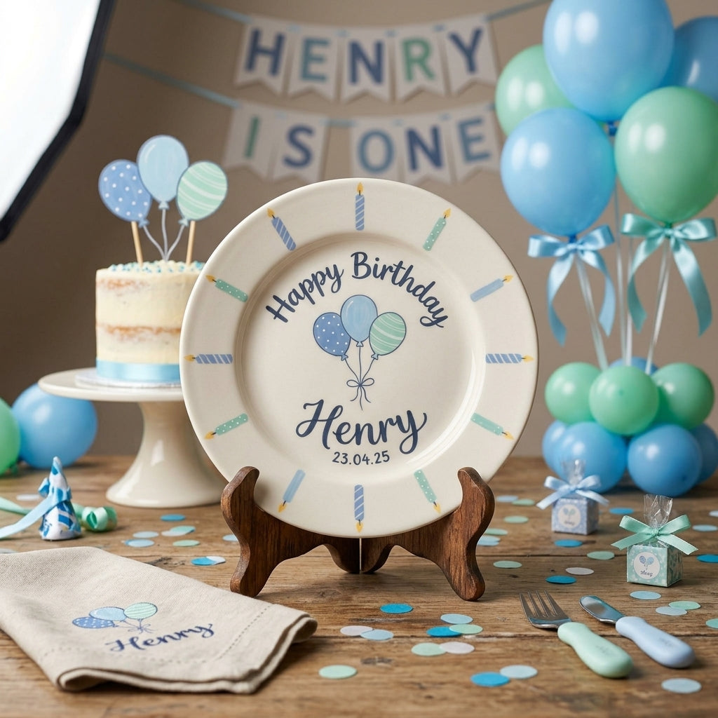 Personalized Boy's Ceramic Birthday Plate - Custom Name & Hand-Painted Keepsake - BCP09