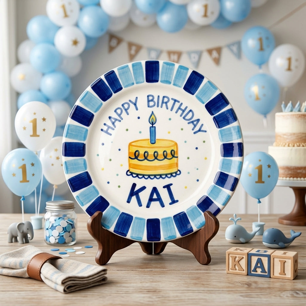 Personalized Boy's Ceramic Birthday Plate - Custom Name & Hand-Painted Keepsake - BCP15
