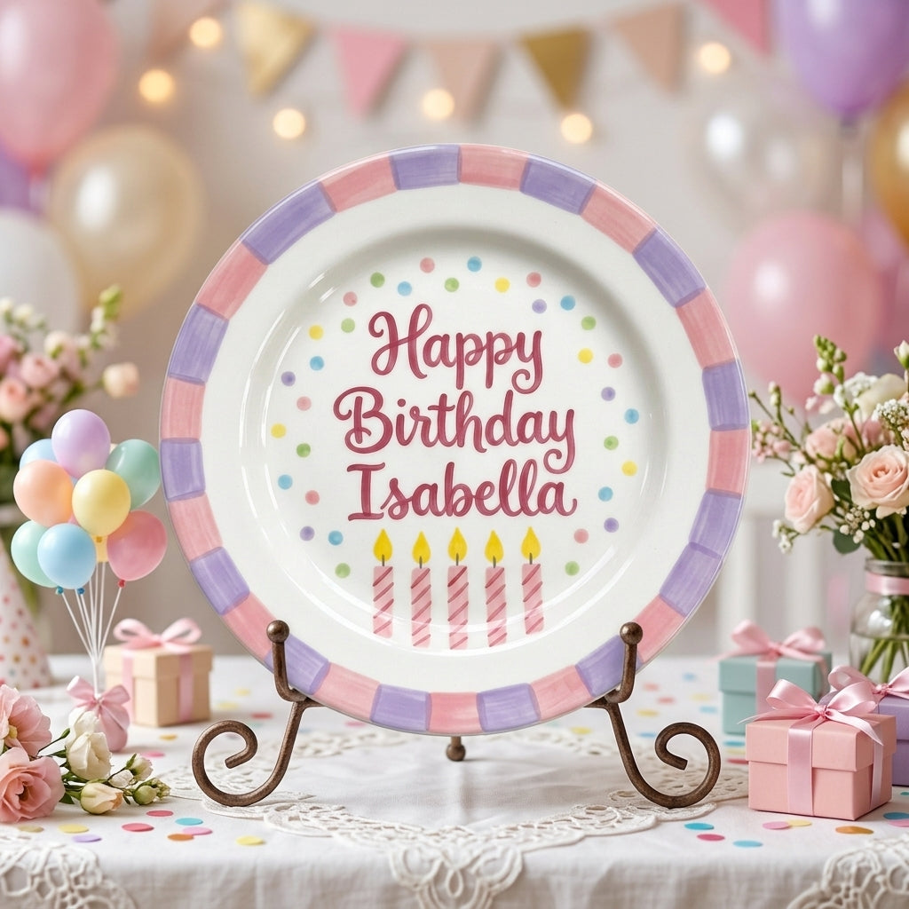 Personalized Girl's Ceramic Birthday Plate - Custom Name & Hand-Painted Floral Keepsake- BCP13