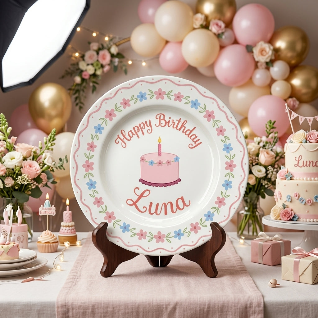 Personalized Girl's Ceramic Birthday Plate - Custom Name & Hand-Painted Floral Keepsake- BCP11