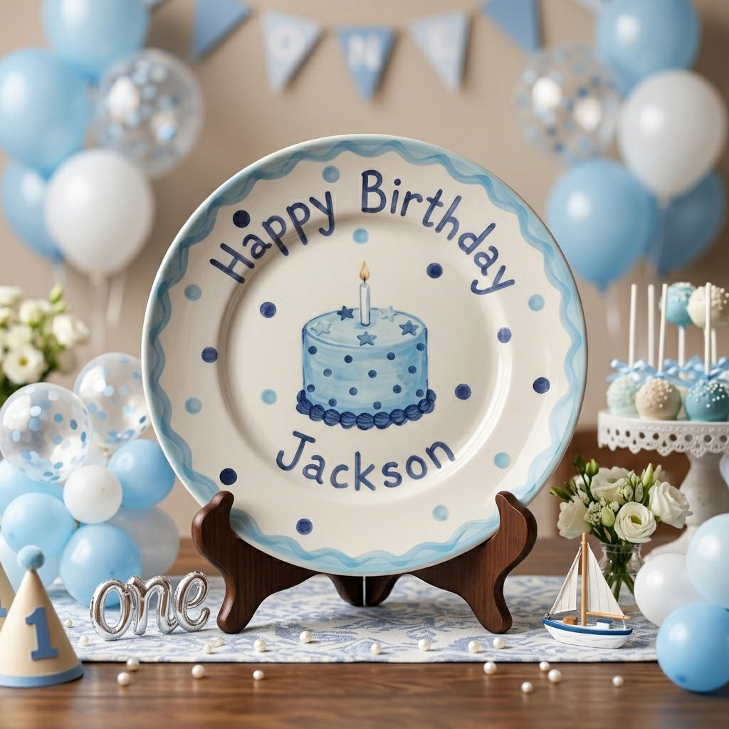 Personalized Boy's Ceramic Birthday Plate - Custom Name & Hand-Painted Keepsake - BCP45