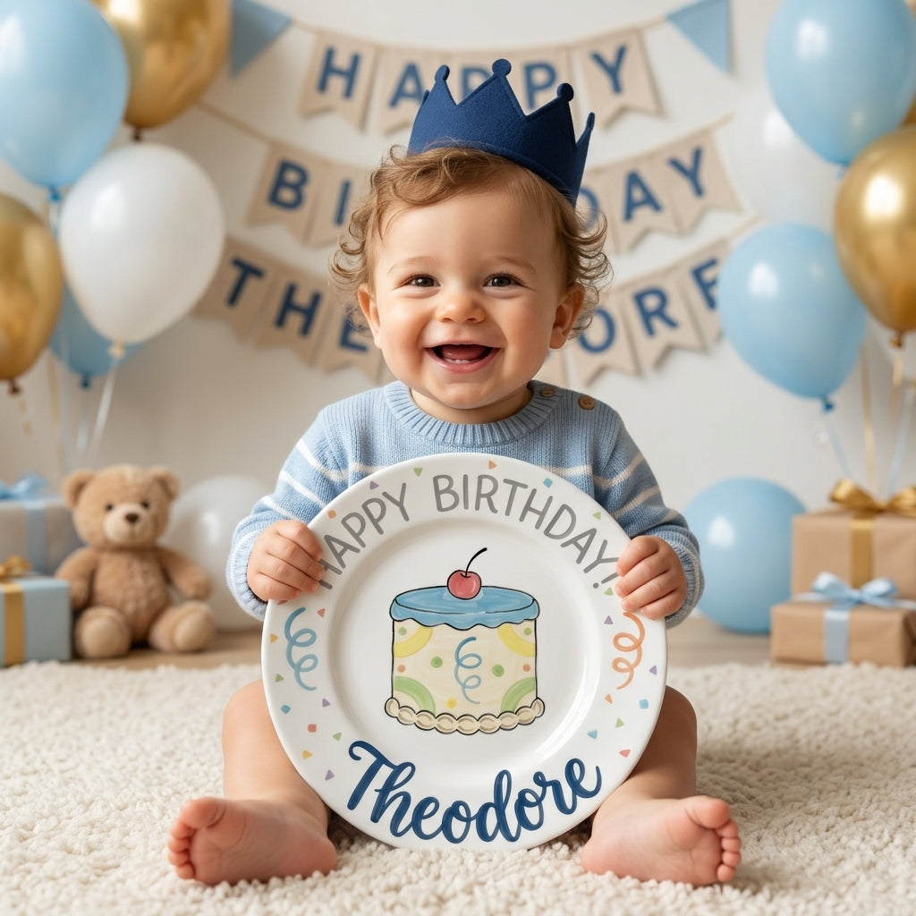Personalized Boy's Ceramic Birthday Plate - Custom Name & Hand-Painted Keepsake - BCP06