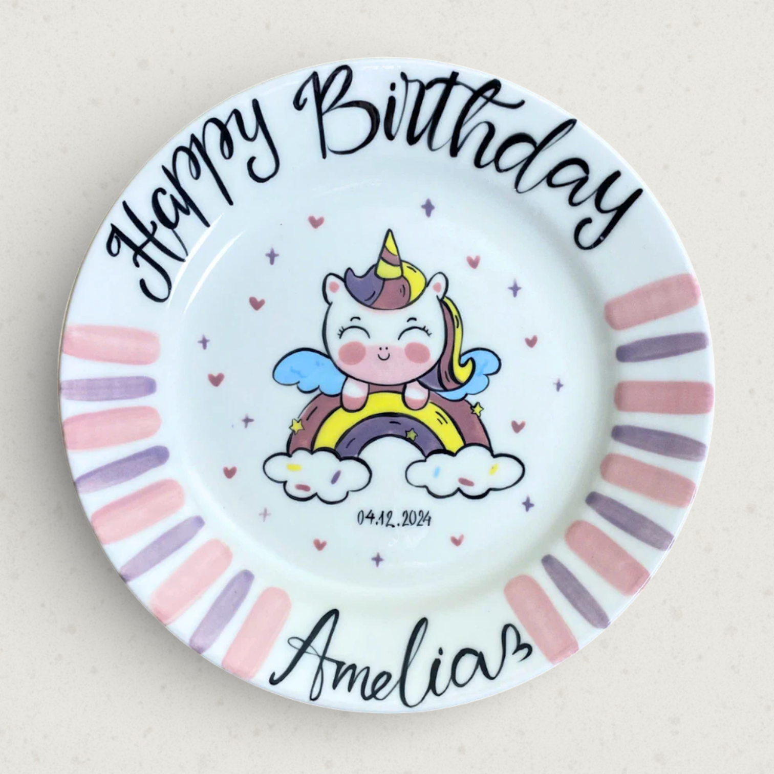 Personalized Ceramic Unicorn and Rainbow Birthday Plate - Unique Gift for Girls- BCP39