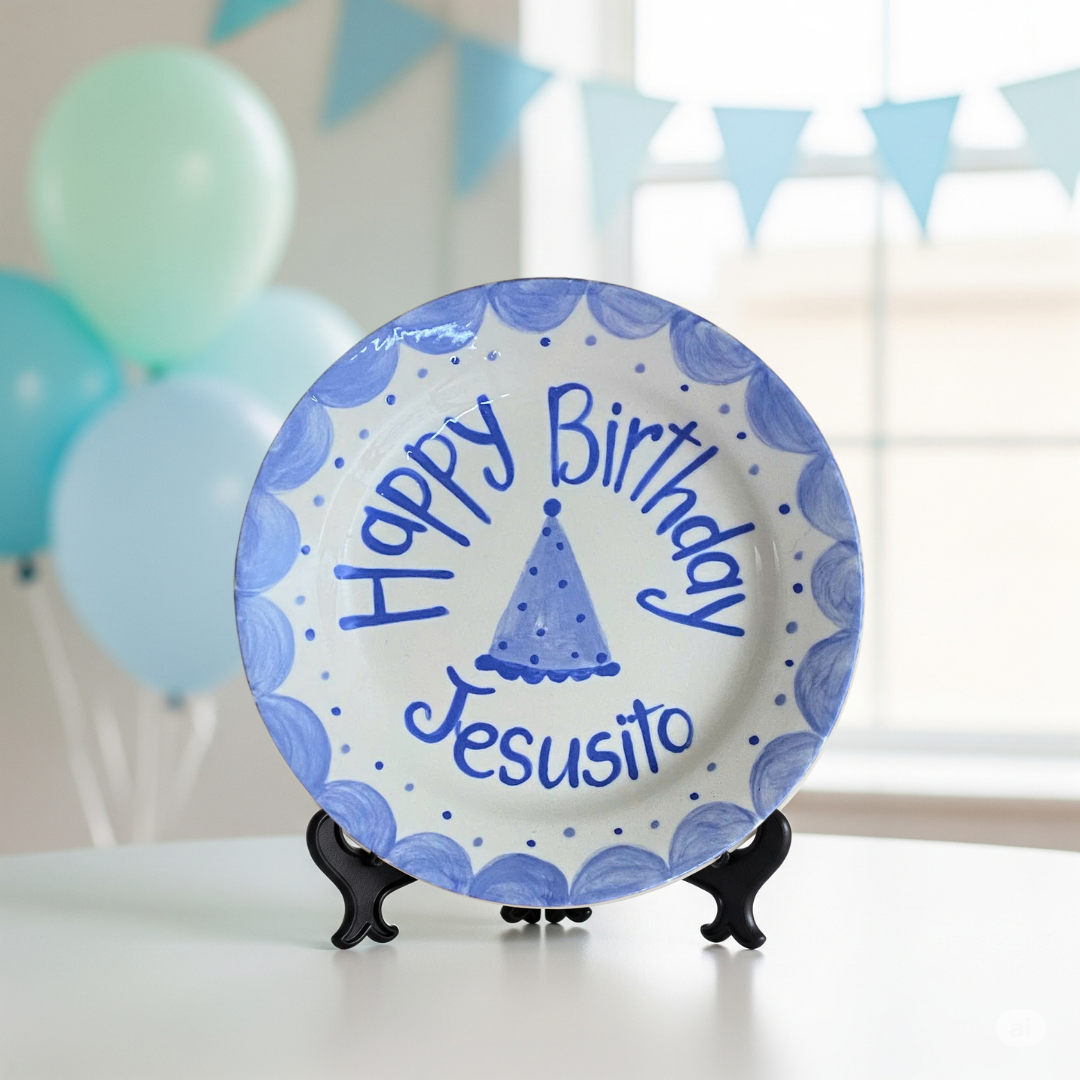 Personalized Blue Scalloped 1st Birthday Plate For Boys - Party Hat Design - BCP02