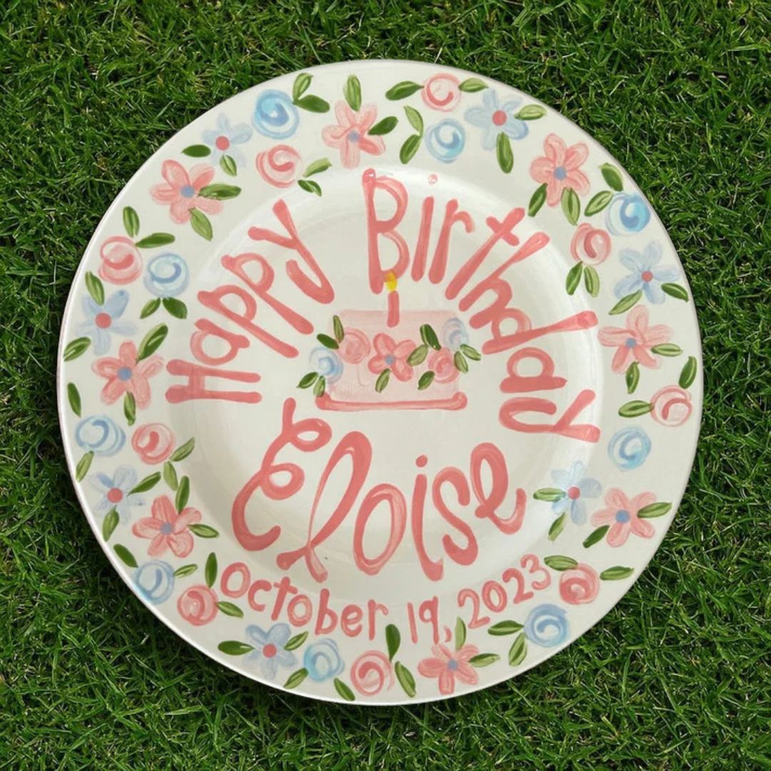 Personalized Pink & Blue Roses 1st Birthday Plate - Wildflower Keepsake - BCP07