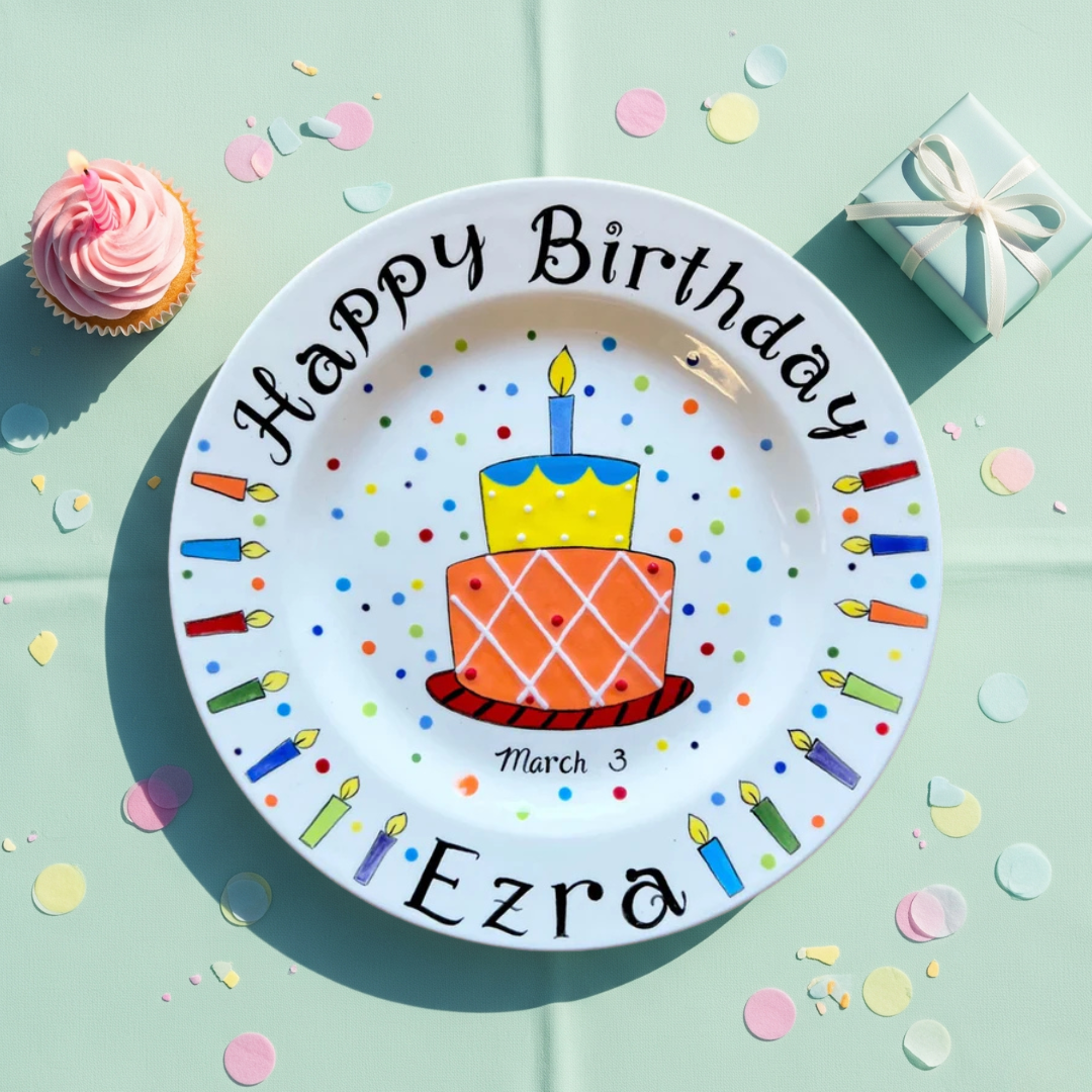 Personalized Birthday Plate with Name & Date – Colorful Ceramic Gift- BCP29