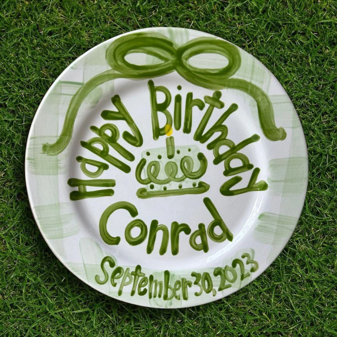 Personalized Preppy Boy's 1st Birthday Plate - Green Gingham - BCP08