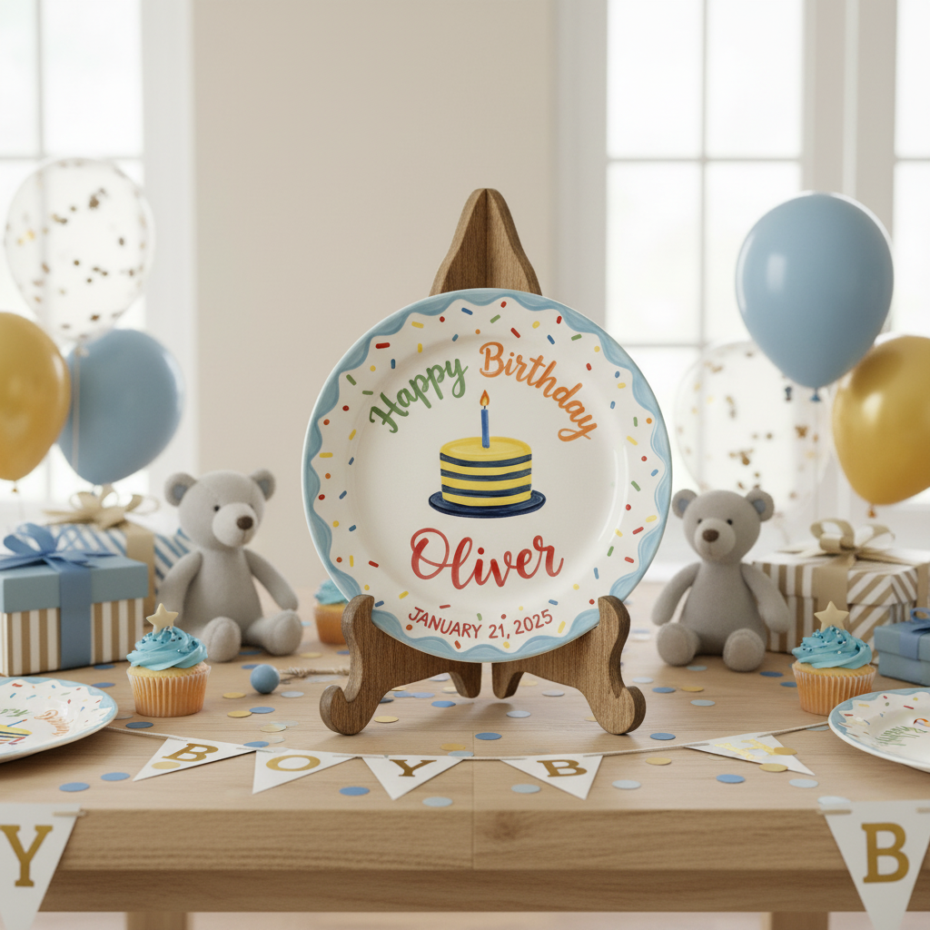 Personalized Boy's Ceramic Birthday Plate - Custom Name & Hand-Painted Keepsake - BCP127