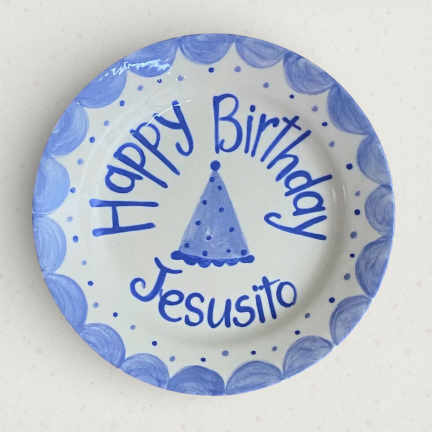 Personalized Boy Birthday Plate - Custom Name Blue Hand-Painted Ceramic Dish with Party Hat Design- BCP02