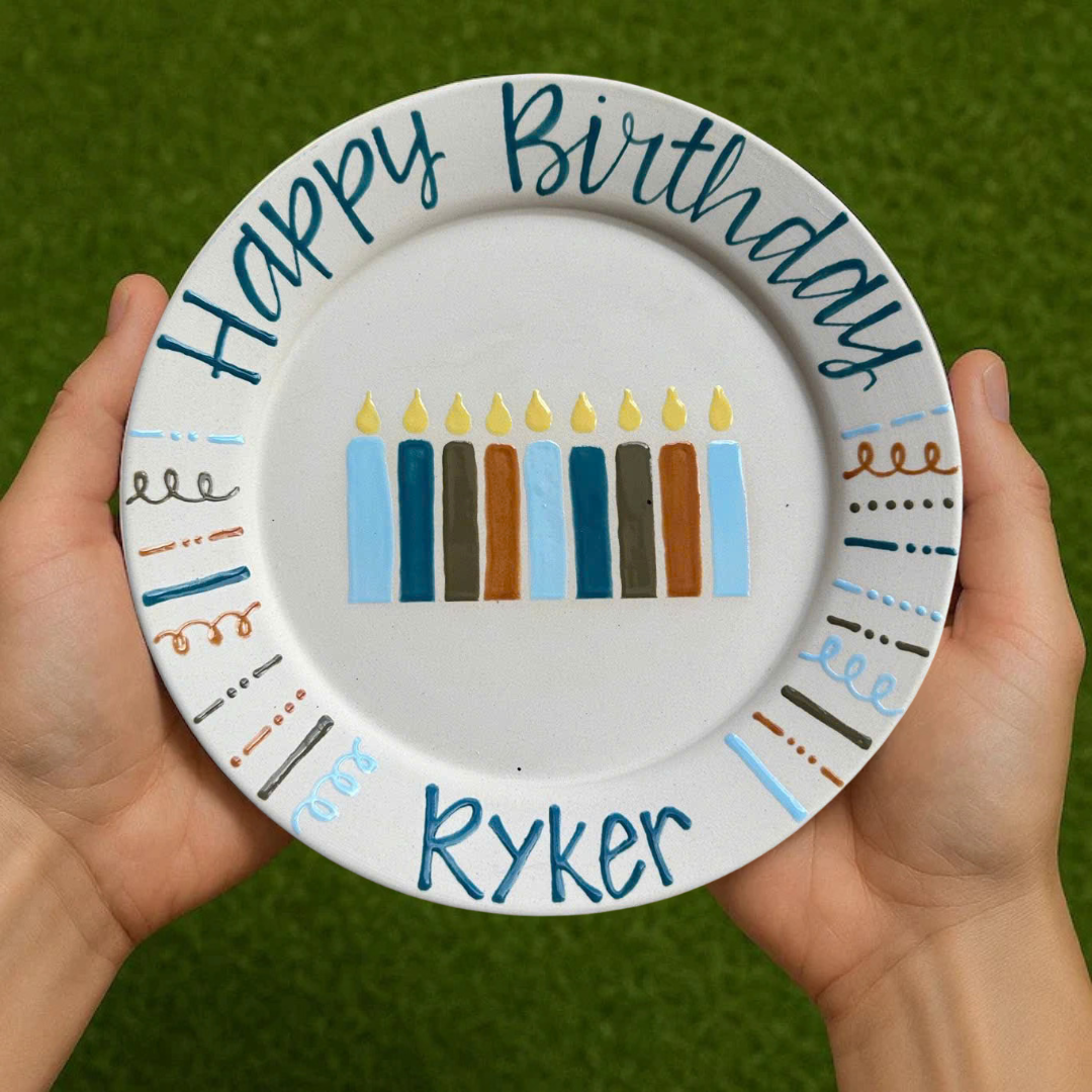 Personalized Ceramic Birthday Plate with Name – Hand-Painted Candle Design- BCP49