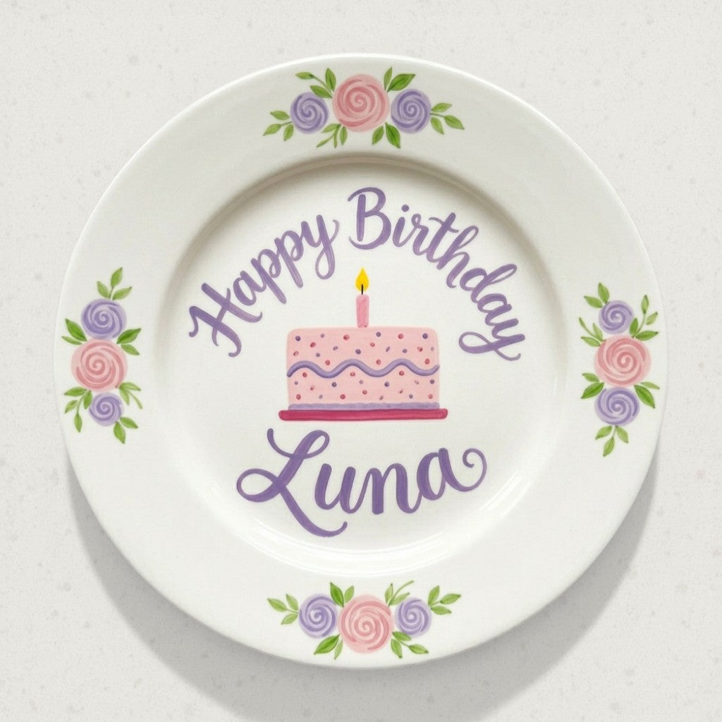 Personalized Girl's Ceramic Birthday Plate - Custom Name & Hand-Painted Floral Keepsake- BCP28