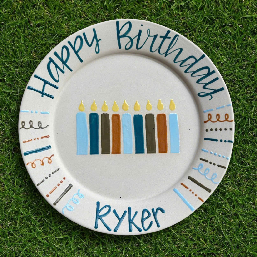 Personalized Ceramic Birthday Plate with Name – Hand-Painted Candle Design- BCP49