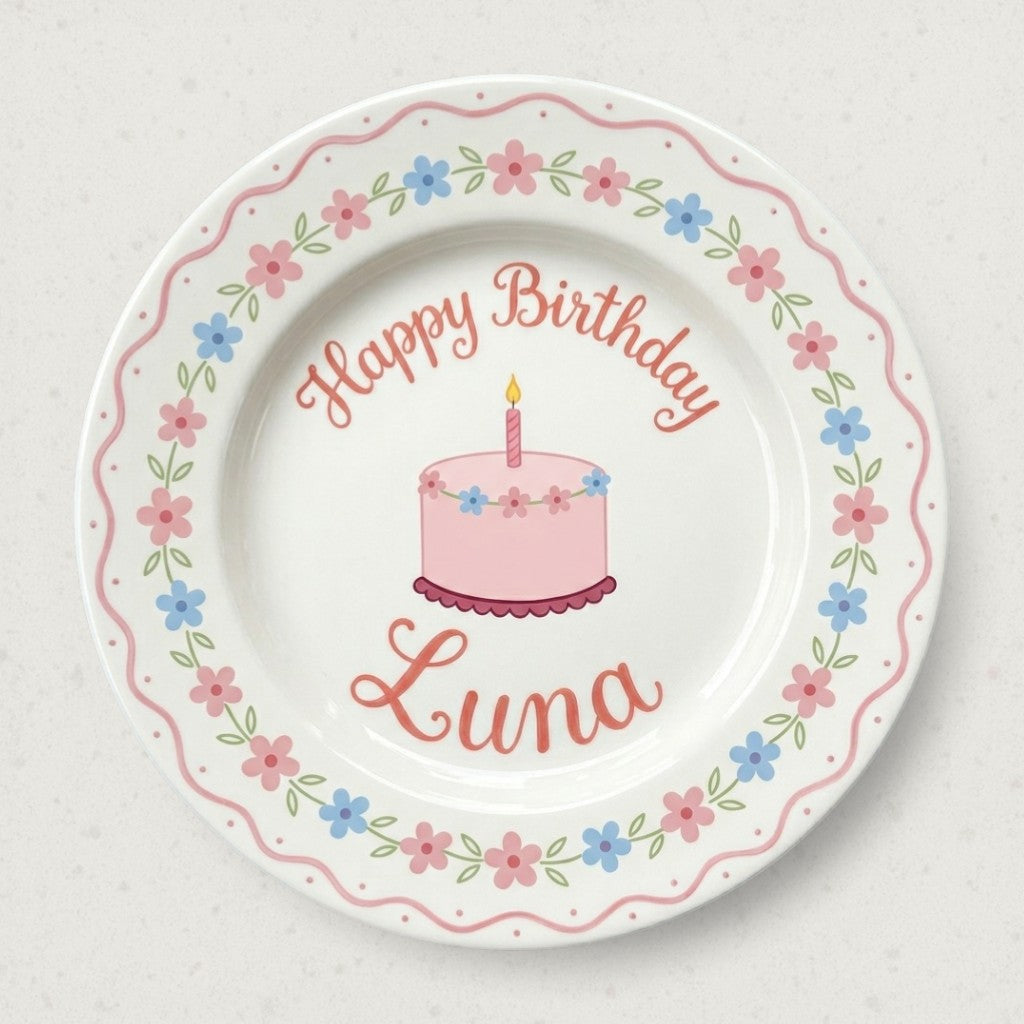 Personalized Girl's Ceramic Birthday Plate - Custom Name & Hand-Painted Floral Keepsake- BCP11