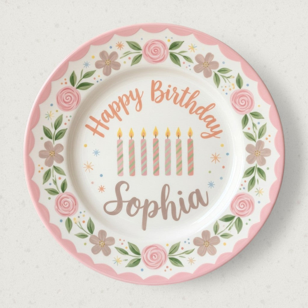 Personalized Girl's Ceramic Birthday Plate - Custom Name & Hand-Painted Floral Keepsake- BCP21