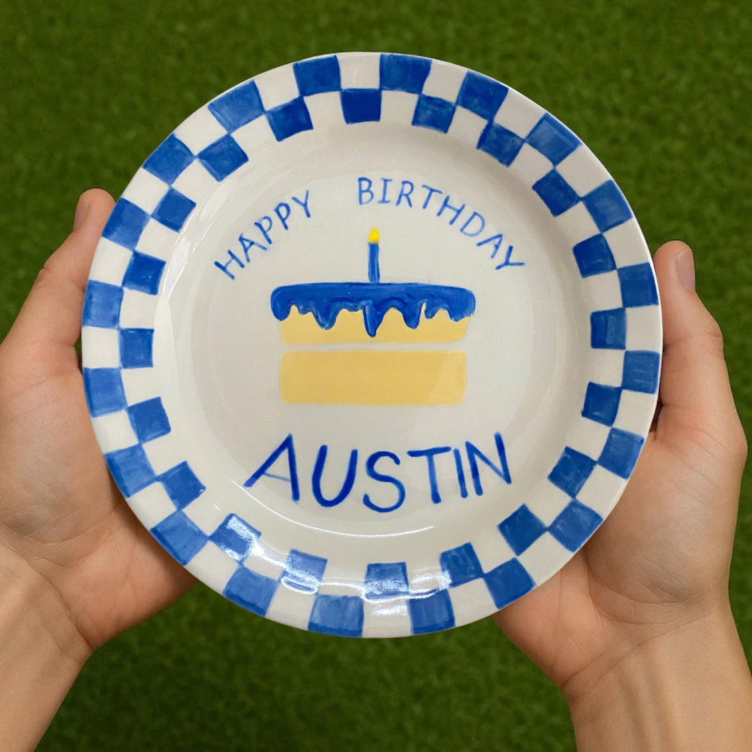 Custom Blue Checkered Birthday Plate – Personalized Ceramic Gift - BCP56