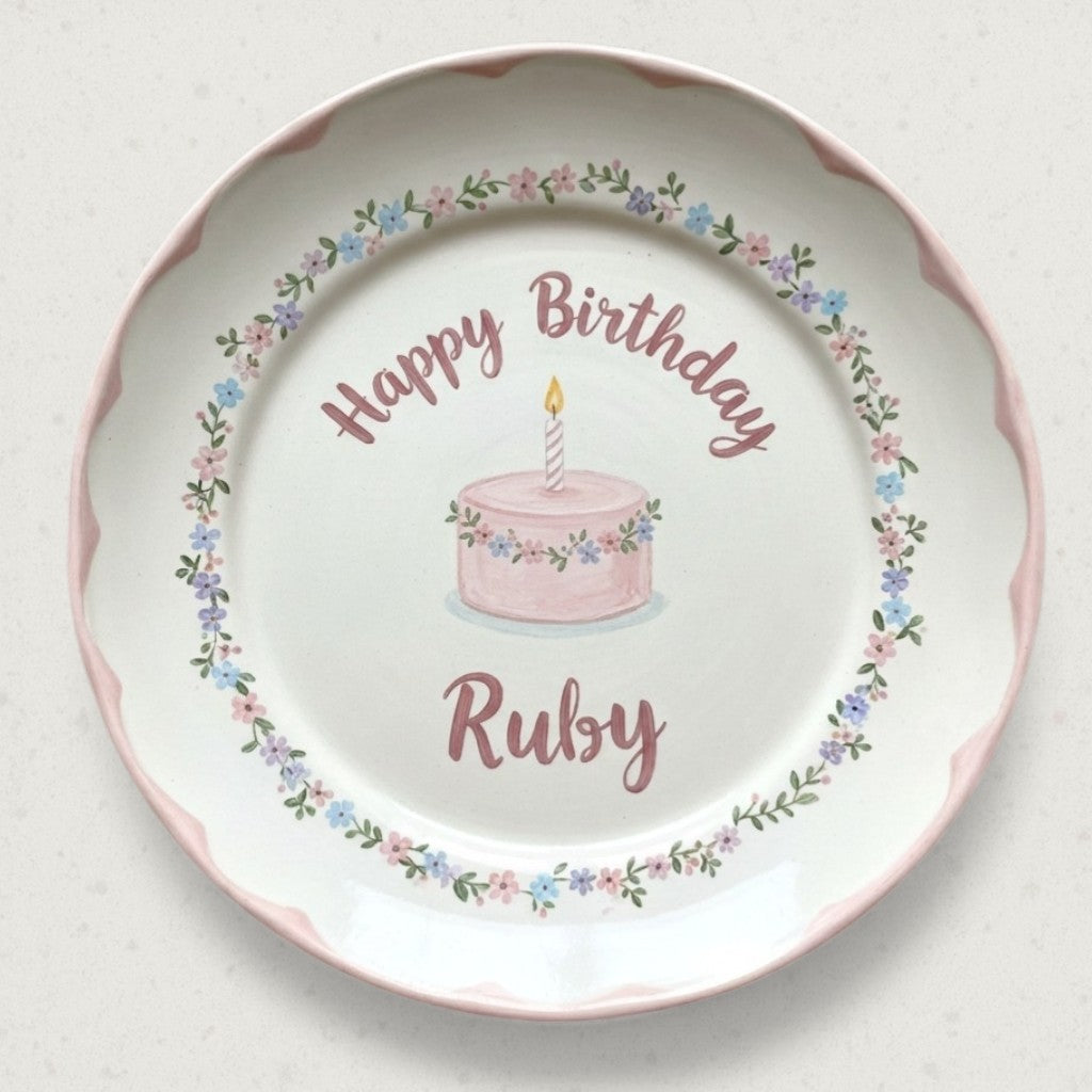 Personalized Girl's Ceramic Birthday Plate - Custom Name & Hand-Painted Floral Keepsake- BCP44