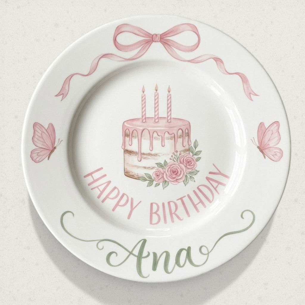 Personalized Girl's Ceramic Birthday Plate - Custom Name & Hand-Painted Floral Keepsake- BCP31