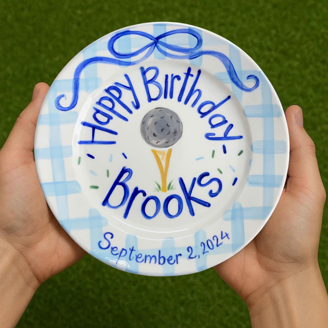 Personalized Golf Preppy 1st Birthday Plate - Blue Gingham - BCP19